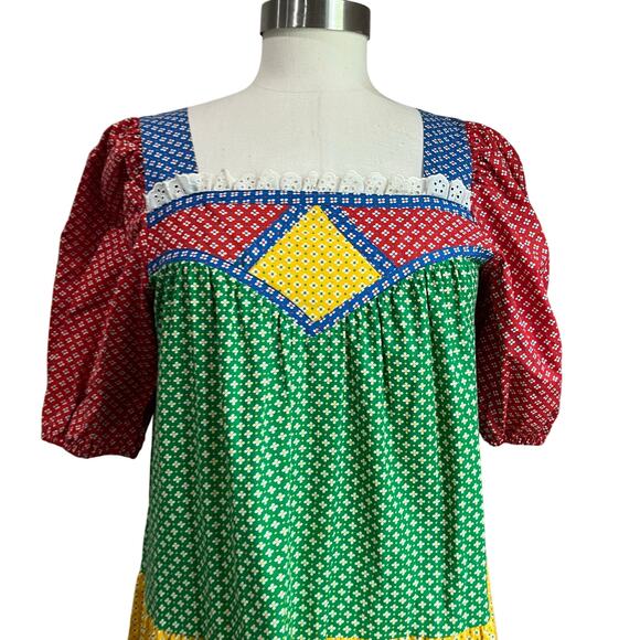 70~80's USA Flower Motif Pattern Colorful Tiered Union Made Chore Dress Sz L - Picture 2 of 10